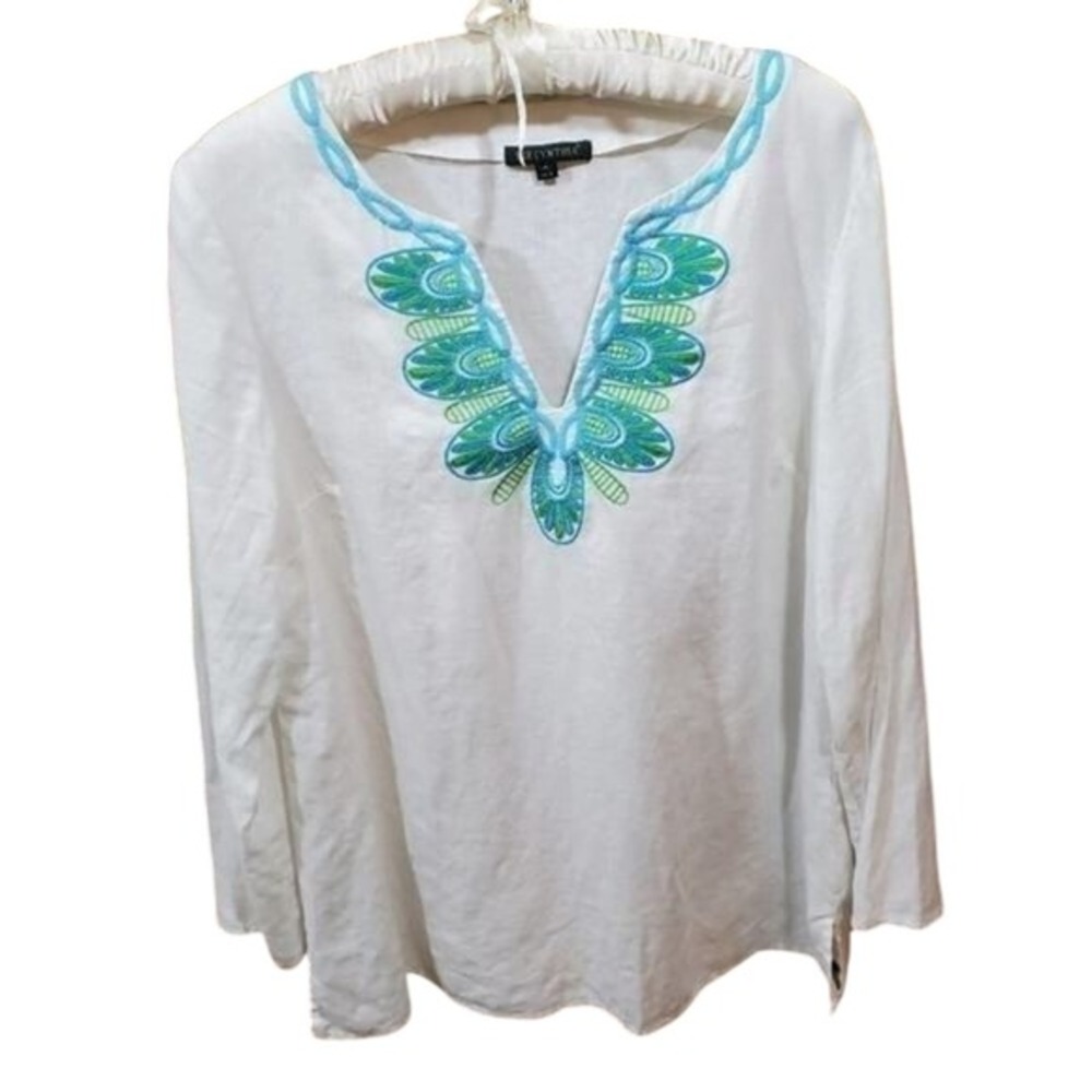 For Cynthia Womens White 100% Linen Embroidered Tunic Blouse Blue Green Medium